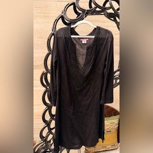 Chach Black Beaded Tunic Top or Coverup, cotton, small, v-neck